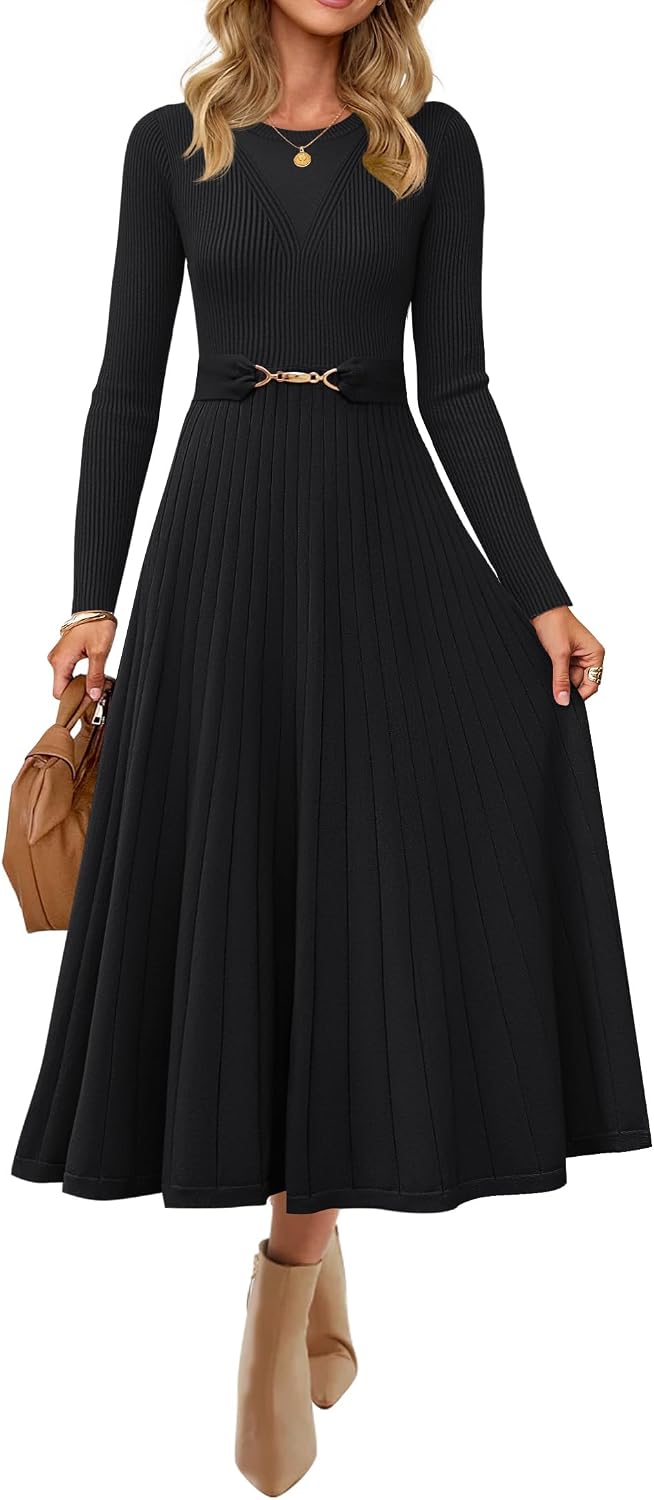 ZESICA Womens Fall Long Sleeve Pleated Midi Sweater Dresses | 2026 Fall Winter Clothes, Crewneck, Soft Knit Fabric, Removable Belted Waist, High Waist, Flowy A Line, Wedding Guest Dresses