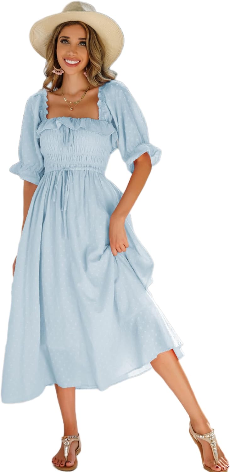 R.Vivimos Women Summer Cotton A Line Flowy Long Dresses | Half Sleeve, Ruffled, Vintage Elegant, Smocked Backless Dress, Maternity Shoot, Baby Shower, Casual Vacation Outfits
