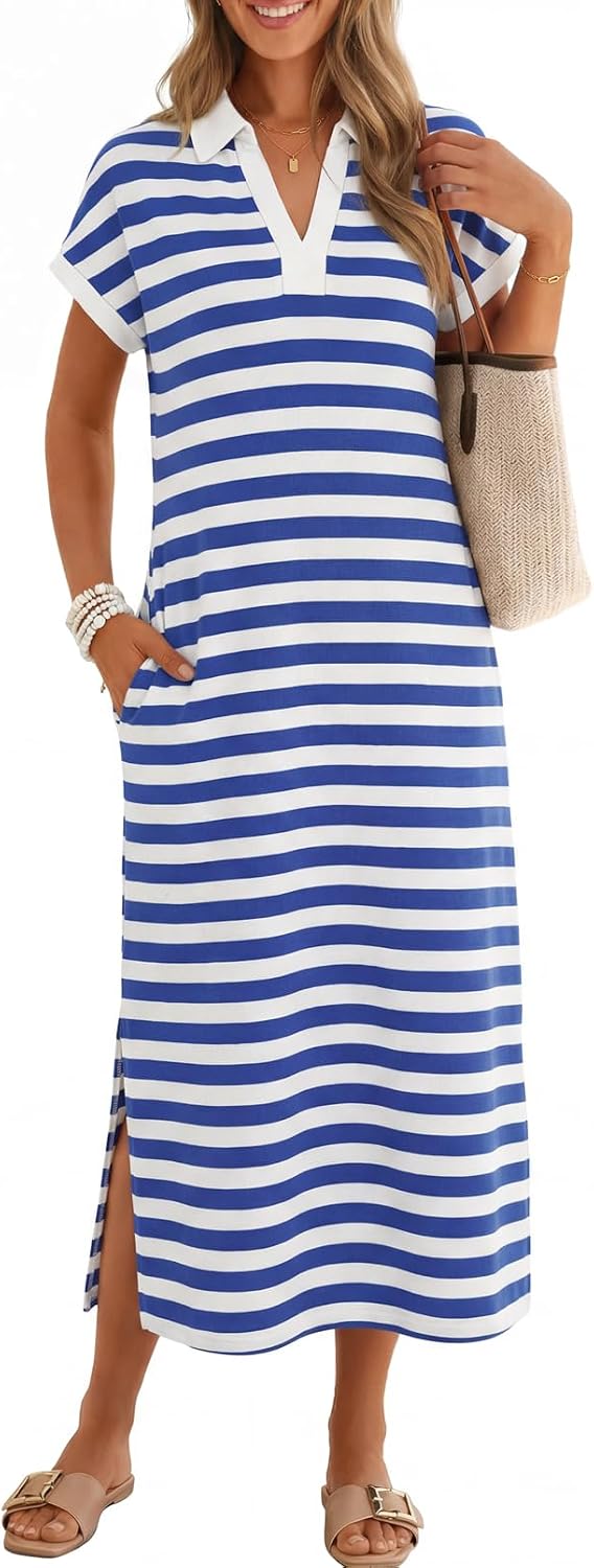MEROKEETY Women's Summer Casual V Neck Collared T Shirt Long Maxi Dress | Short Cap Sleeve, Loose Fit, Beach Vacation, Work Office Polo Dresses, Wrinkle-Free Sundress Travel Resort Outfits 2026