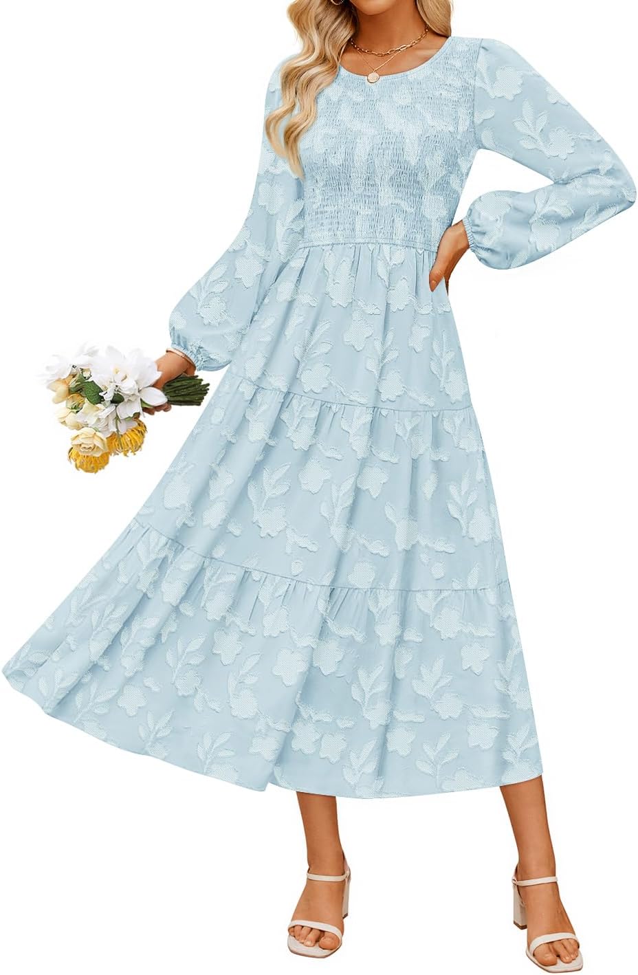 ZESICA Womens Fall Wedding Guest Long Sleeve Boho Midi Dress | Crewneck, Boho Floral, Flowy A Line, High Waist with Pockets, 2026 Elegant Trendy, Winter Long Dress, Casual Beach Vacation
