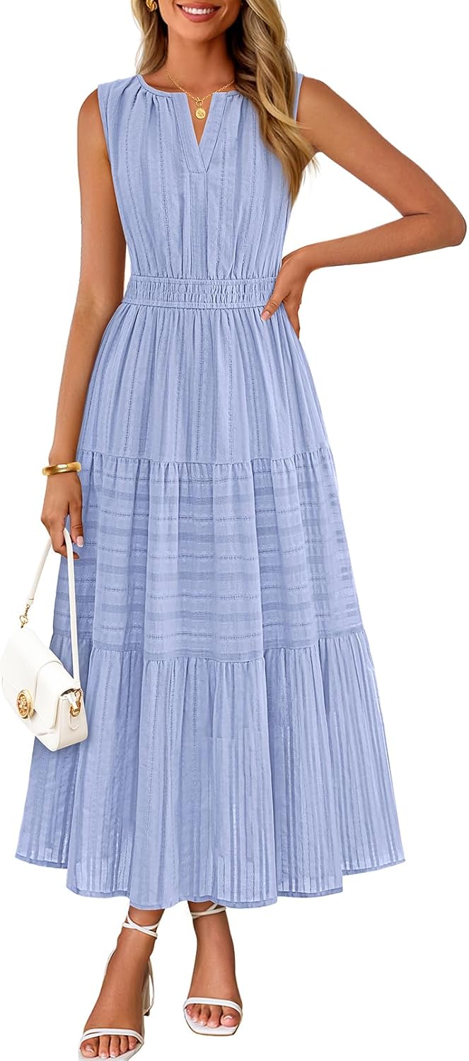 MEROKEETY Summer Casual Sleeveless V Neck Midi Maxi Cotton Dress Women 2026 | Shirred Waist, Eyelets, Tiered, Lined, with Pockets, Boho, Semi Formal, Modest, Vacation, Bridal Shower, Church, Long Dresses