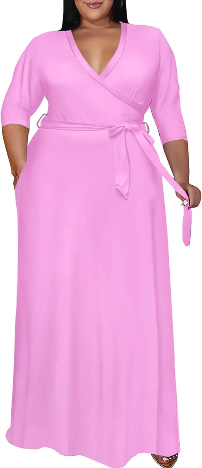 Nmoder Plus Size Maxi Dresses for Curvy Women -Summer Casual Long Fit Dress | Semi Formal, 3\/4 Sleeve V-Neck Flowy Dress, With Pockets And Belt, XL- 6XL