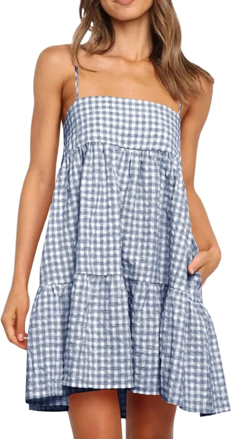 Wenrine Womens Summer Plaid Mini Dress Spaghetti Strap Beach Sundress | Sleeveless,Casual,Gingham Y2K,A Line,Maternity,Vacation,Country Concert,Short Dresses with Pockets