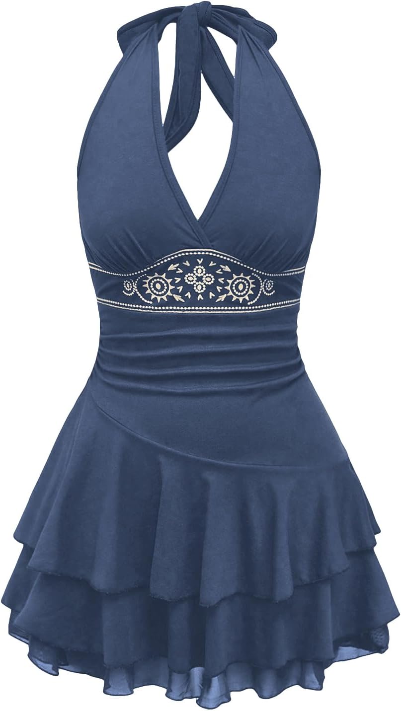 SOLY HUX Women's Summer Dresses Western Cowgirl Halter Casual Mini Dress | Backless, Sleeveless, A Line, Deep V Neck, Flowy, Country Concert Outfits, Sundress