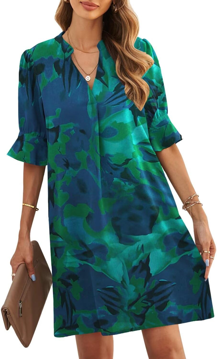 JOCAFIYE Womens Dresses Summer 2026 V-Neck Short Sleeve Dress Shift Dress | Ruffle Short Sleeve, V Neck,Shift Dresses, Floral Print,Mini Short Casual Dress for Graduation Party Date Night Teacher