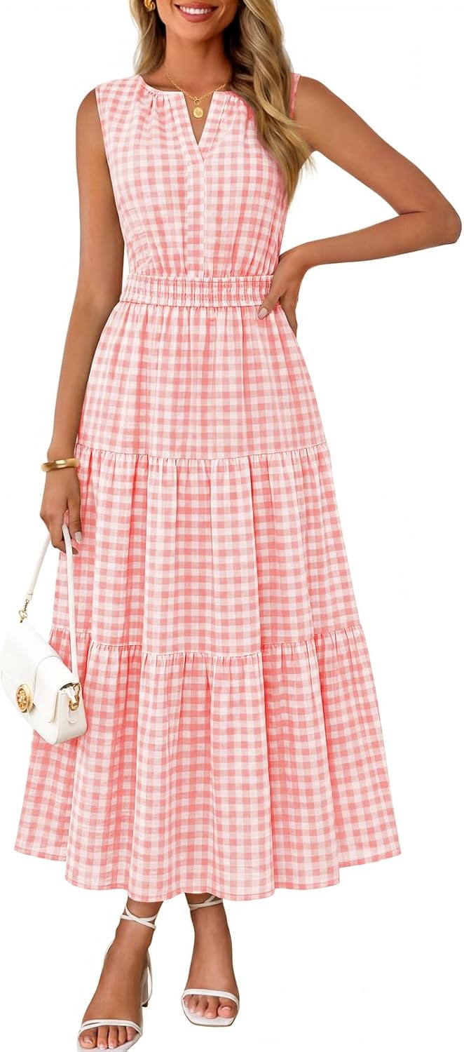 MEROKEETY Summer Casual Sleeveless V Neck Midi Maxi Cotton Dress Women 2026 | Shirred Waist, Eyelets, Tiered, Lined, with Pockets, Boho, Semi Formal, Modest, Vacation, Bridal Shower, Church, Long Dresses