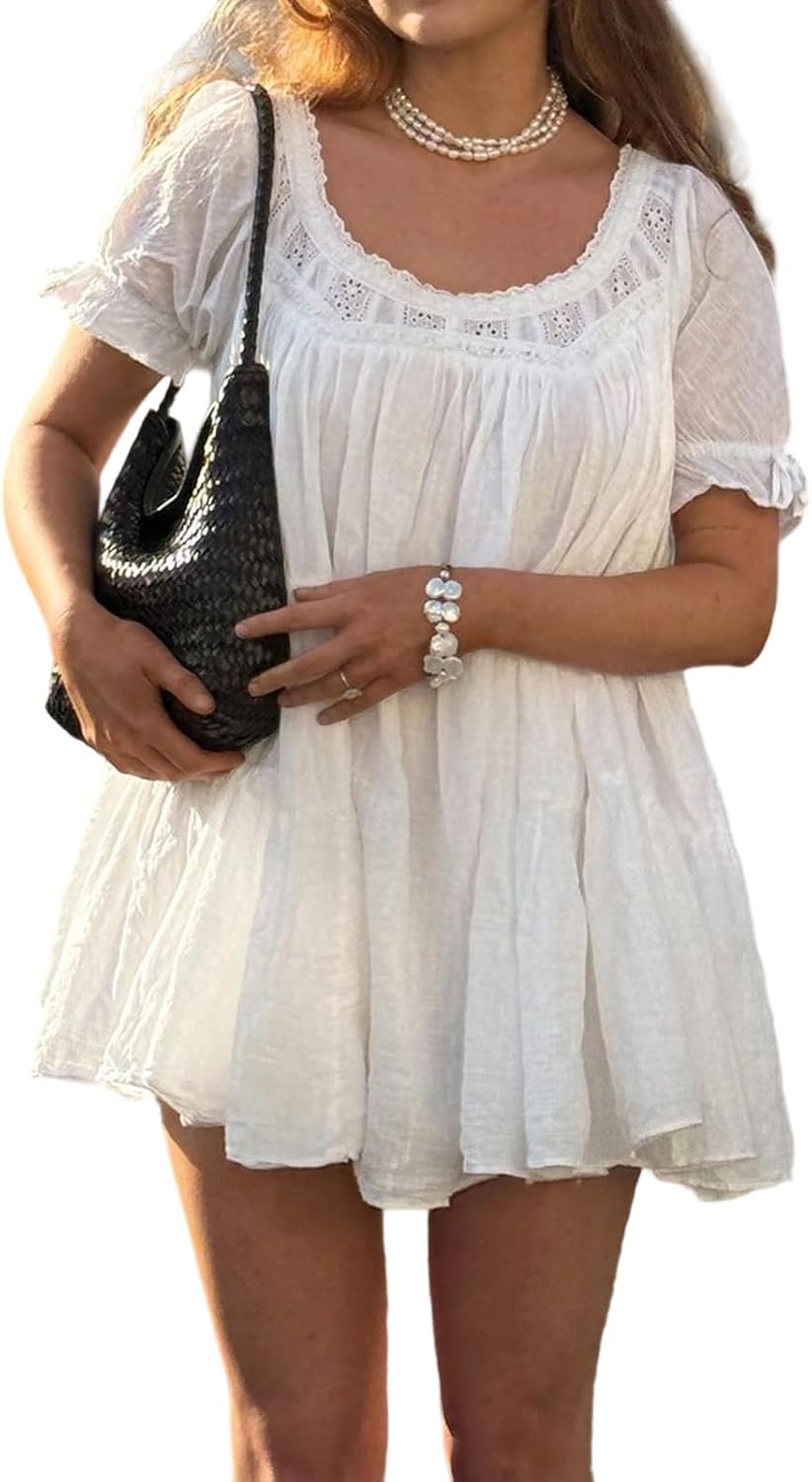 Nlacehan Womens Flowy Puff Short Sleeve Babydoll Mini Dress | Short Dress, Ruffle, Scoop Neck, A-line, Bow Tie, Eyelet, Casual, Lightweight, Summer, Daily Outfits A-line Sundress