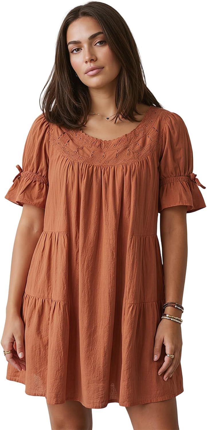 Nlacehan Womens Flowy Puff Short Sleeve Babydoll Mini Dress | Short Dress, Ruffle, Scoop Neck, A-line, Bow Tie, Eyelet, Casual, Lightweight, Summer, Daily Outfits A-line Sundress