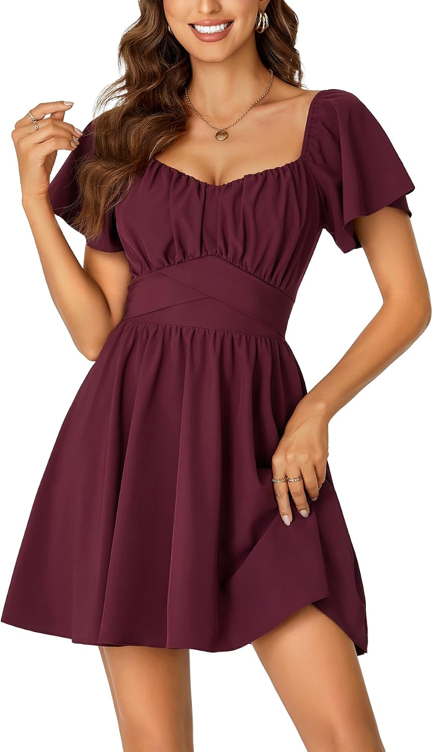 Rooscier Women's Tie Back Short Sleeve Mini Dress | Square Neck Wrap Ruffle Sleeve Flare Dresses