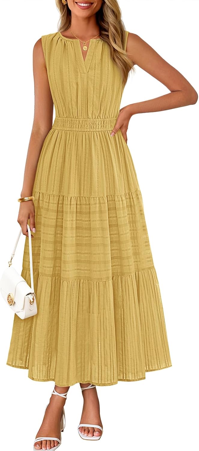 MEROKEETY Summer Casual Sleeveless V Neck Midi Maxi Cotton Dress Women 2026 | Shirred Waist, Eyelets, Tiered, Lined, with Pockets, Boho, Semi Formal, Modest, Vacation, Bridal Shower, Church, Long Dresses