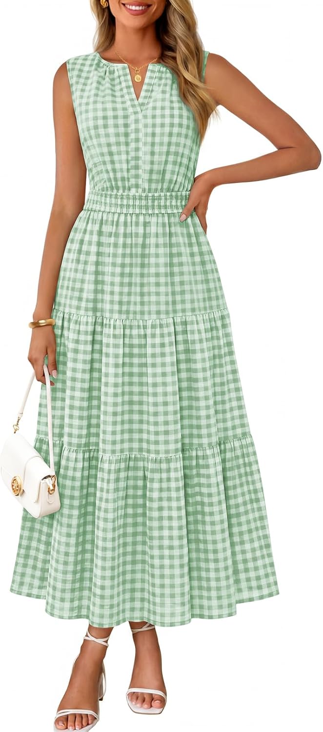 MEROKEETY Summer Casual Sleeveless V Neck Midi Maxi Cotton Dress Women 2026 | Shirred Waist, Eyelets, Tiered, Lined, with Pockets, Boho, Semi Formal, Modest, Vacation, Bridal Shower, Church, Long Dresses
