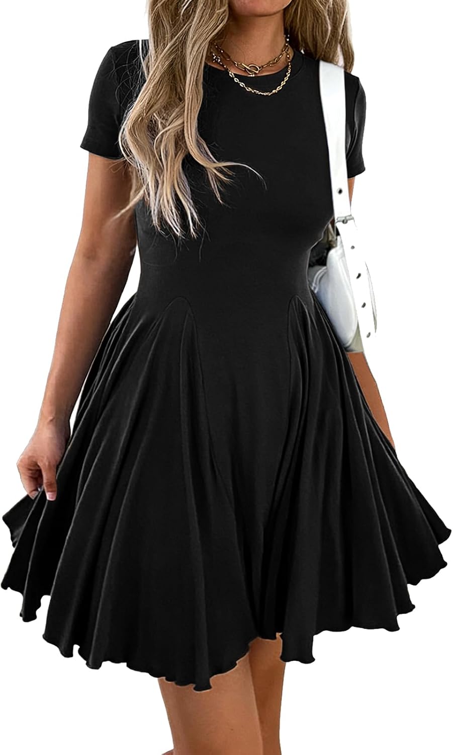 Mieazom Women Crewneck Fit and Flare Swing Flowy Mini Dress Skater Sundress | Summer,Cute Ruffle Hem,Short Sleeve,Drop Waist,Casual A Line,Stretchy,Pleated T Shirt Beach Dress,Party,Vacation
