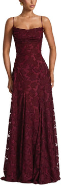 GRMLRPT Women's Floral Bridesmaid Maxi Dresses A Line Wedding Guest Dress | Lace Jacquard Spaghetti Strap Backless Cowl Neck Long Formal Dress Evening Party Prom