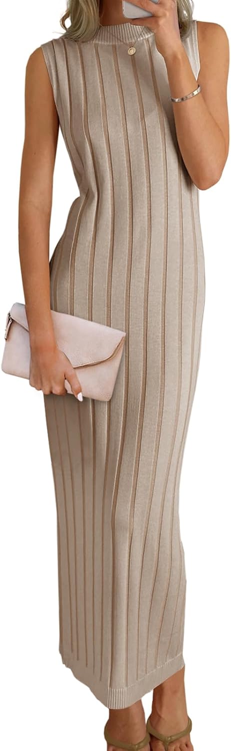 Wenrine Womens Sleeveless Sweater Dress Mock Neck Knit Tank Maxi Dresses | Ribbed Knit, Stretchy, Bodycon, Textured, Vertical Striped, Summer & Fall, Long Midi Dress