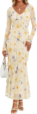 ZESICA Wedding Guest Dresses for Women Fall Long Sleeve Floral Maxi Dress | 2026 Early Fall Fashion, Bodycon, V Neck, Mesh Fabric, Tiered Ruffle, Boho Long Dress, Baby Shower, Cocktail, Bridal Dress