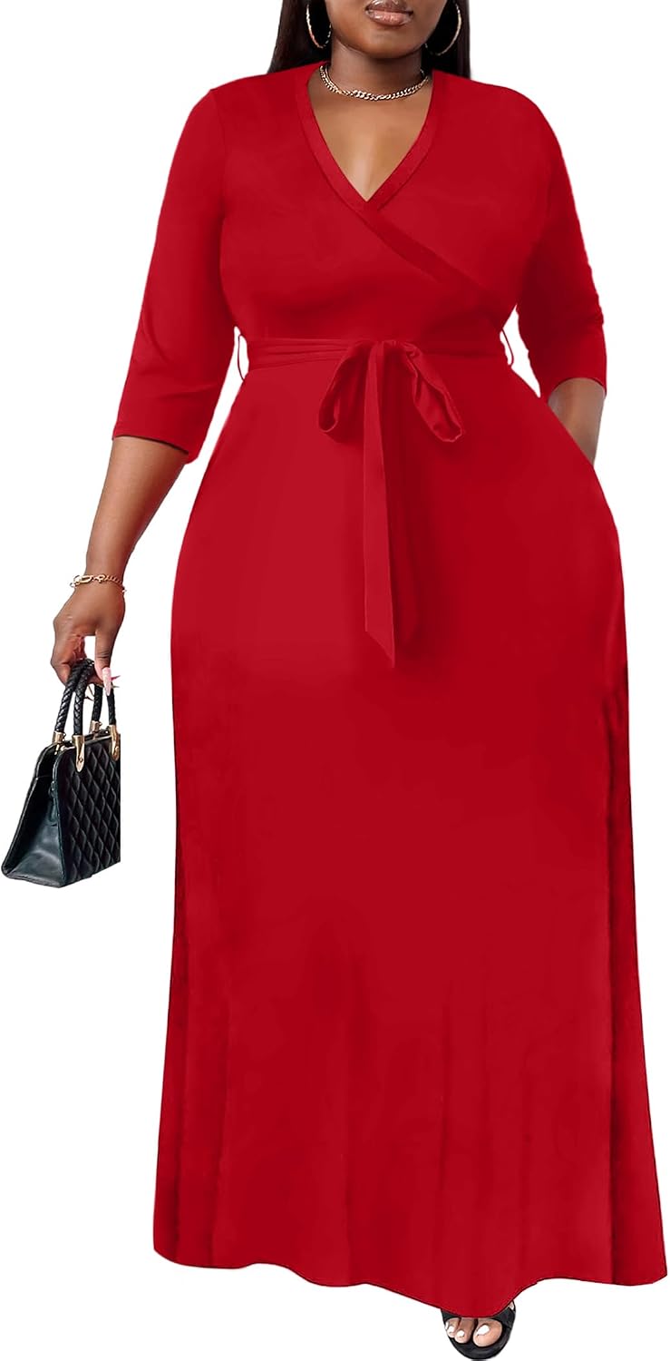 Nmoder Plus Size Maxi Dresses for Curvy Women -Summer Casual Long Fit Dress | Semi Formal, 3\/4 Sleeve V-Neck Flowy Dress, With Pockets And Belt, XL- 6XL