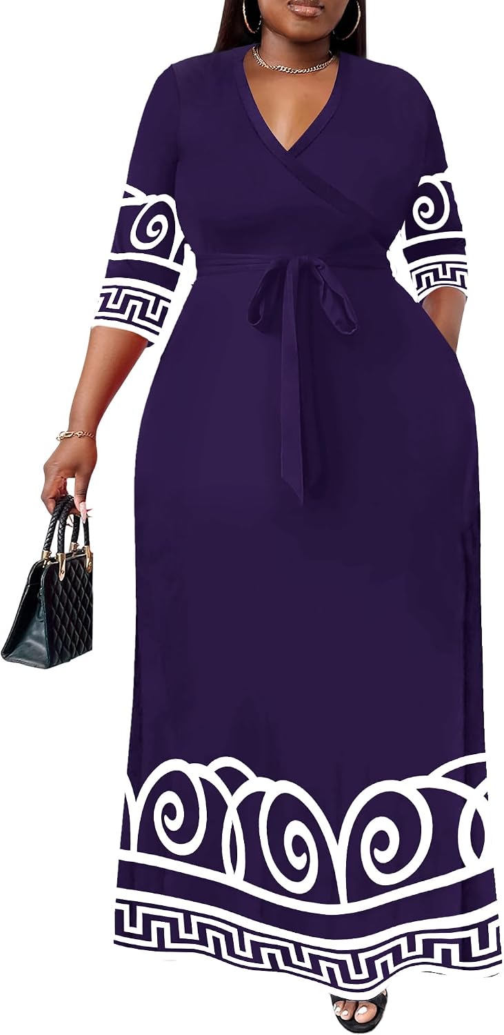 Nmoder Plus Size Maxi Dresses for Curvy Women -Summer Casual Long Fit Dress | Semi Formal, 3\/4 Sleeve V-Neck Flowy Dress, With Pockets And Belt, XL- 6XL