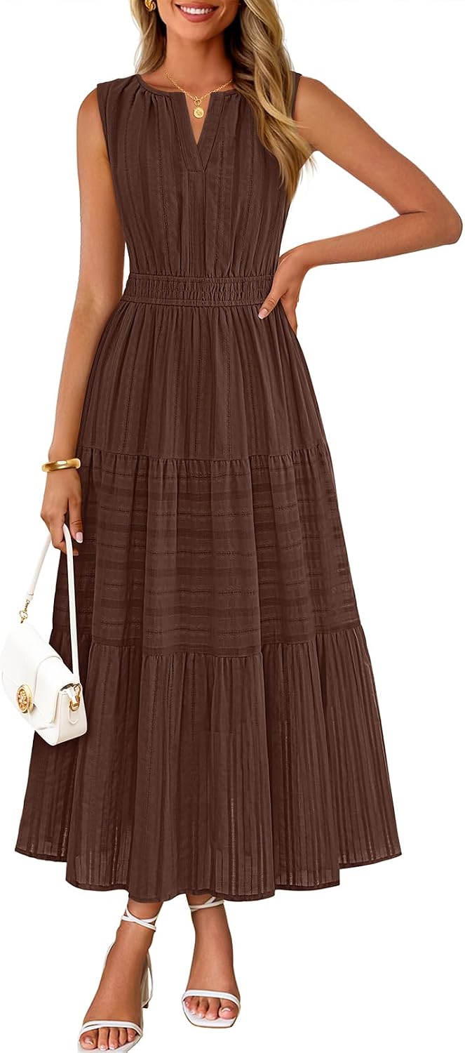 MEROKEETY Summer Casual Sleeveless V Neck Midi Maxi Cotton Dress Women 2026 | Shirred Waist, Eyelets, Tiered, Lined, with Pockets, Boho, Semi Formal, Modest, Vacation, Bridal Shower, Church, Long Dresses