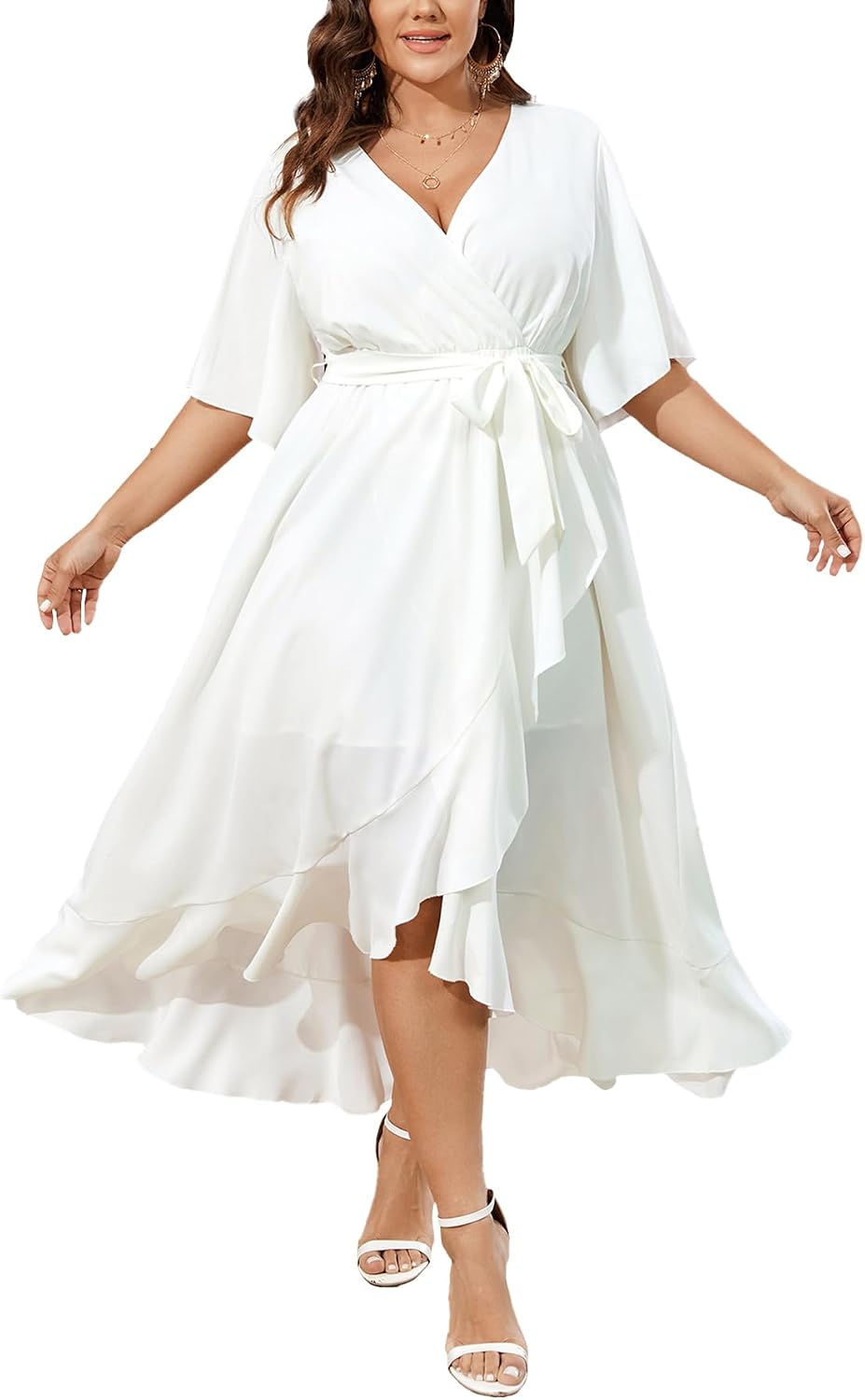 SCOMCHIC Women Plus Size Wedding Guest Maxi Dress | Short Sleeve, Wrap V Neck, High Low, Split, Ruffle Long Dress