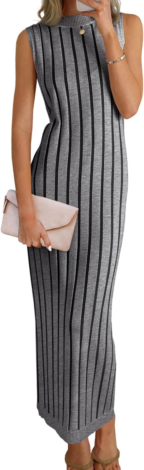 Wenrine Womens Sleeveless Sweater Dress Mock Neck Knit Tank Maxi Dresses | Ribbed Knit, Stretchy, Bodycon, Textured, Vertical Striped, Summer & Fall, Long Midi Dress