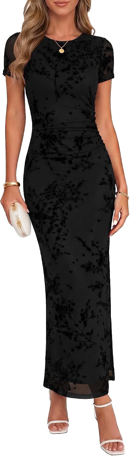 Chunpin Women's 2026 Floral Bodycon Maxi Dress Formal Cocktail Dresses | Wedding Guest Dresses for Women, Ruched Mesh, Elegant Dress, Party Dress, Crew Neck&Short Sleeve, Slit, Summer