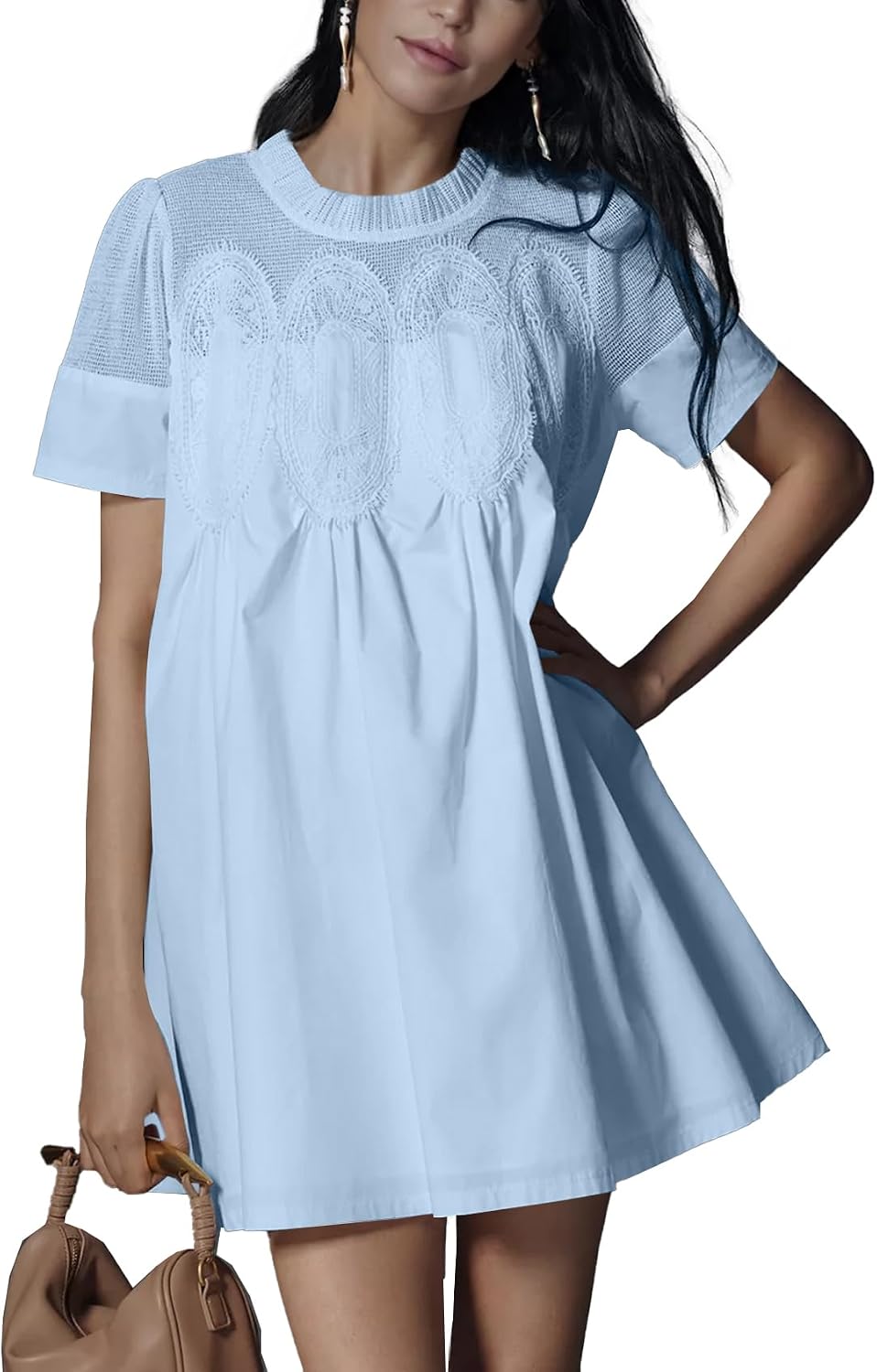 Shiyifa Womens Lace Babydoll Mini Dresses Summer Short Sleeve Sundress | A-Line Baby doll Dress with Lining, Sheer Mesh Patchwork, 2 Pockets, Boho Ruffled Sundress for Daily, Beach and Vacation
