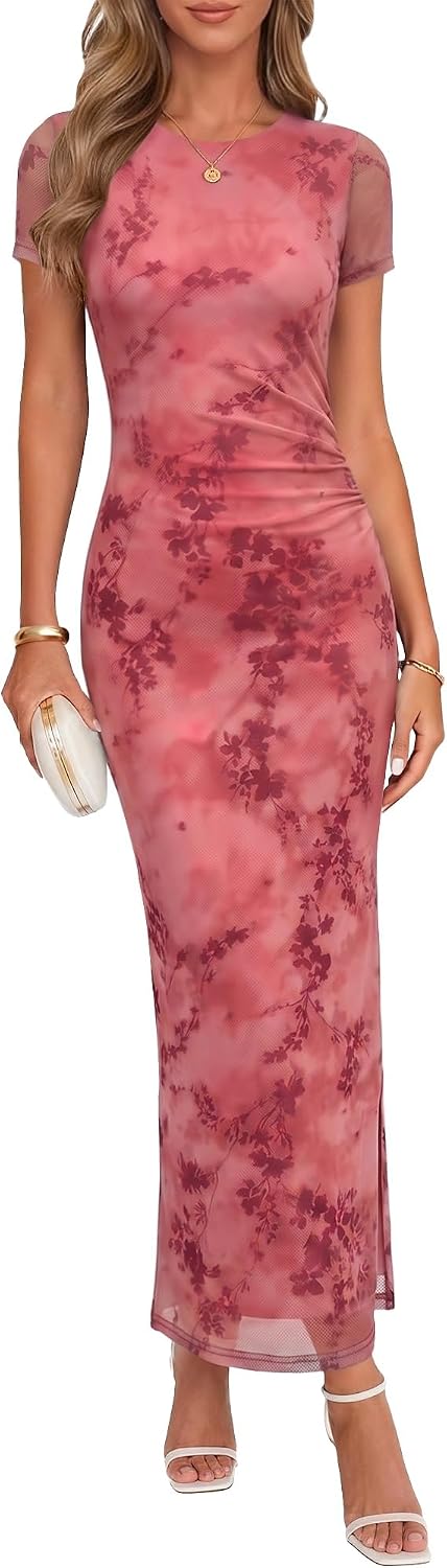 Chunpin Women's 2026 Floral Bodycon Maxi Dress Formal Cocktail Dresses | Wedding Guest Dresses for Women, Ruched Mesh, Elegant Dress, Party Dress, Crew Neck&Short Sleeve, Slit, Summer