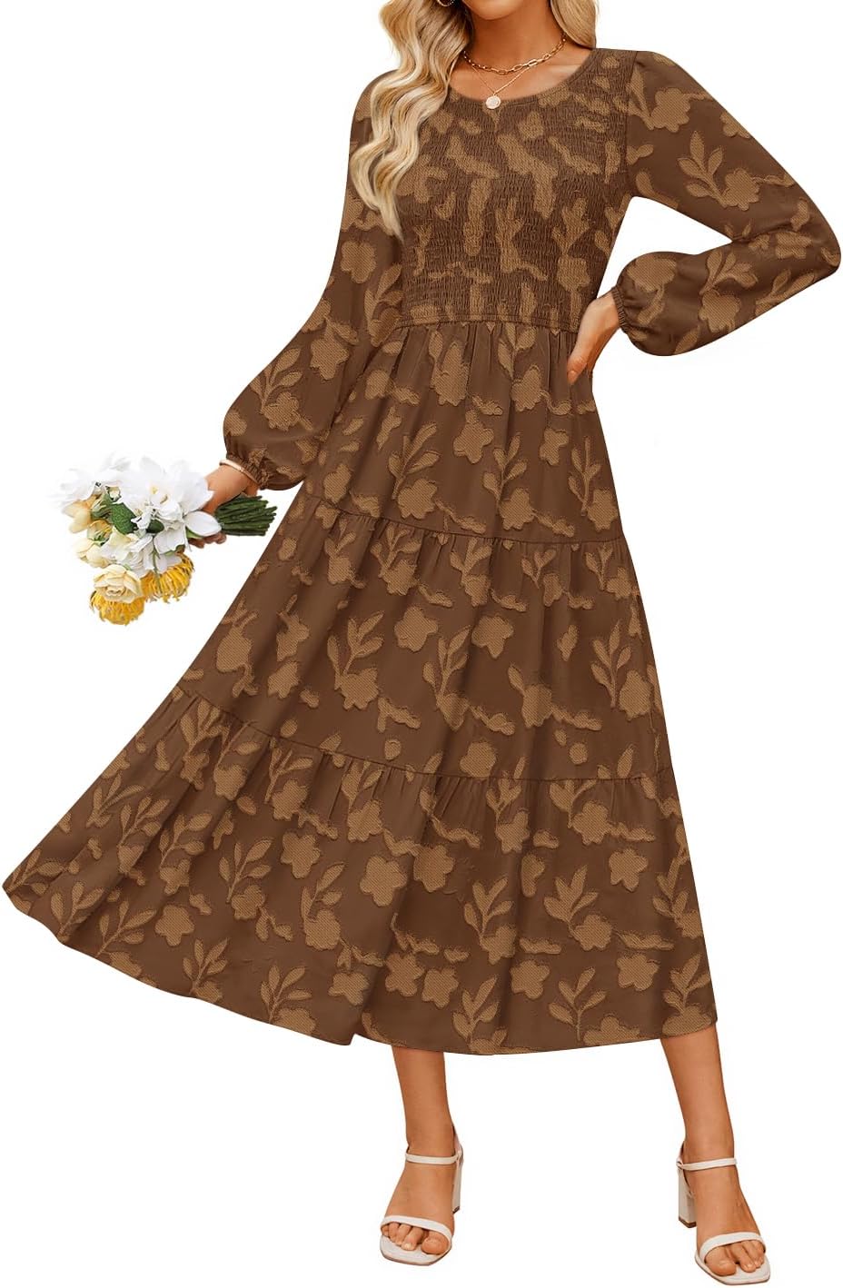 ZESICA Womens Fall Wedding Guest Long Sleeve Boho Midi Dress | Crewneck, Boho Floral, Flowy A Line, High Waist with Pockets, 2026 Elegant Trendy, Winter Long Dress, Casual Beach Vacation