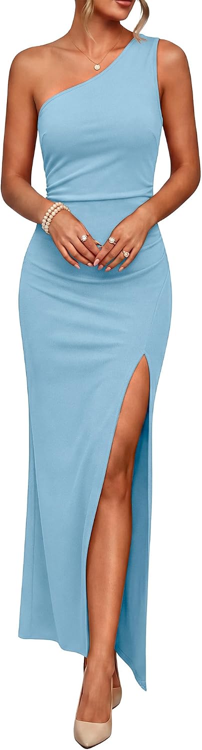 Caracilia Womens Summer One Shoulder Wedding Guest Dress | Cocktail Party Evening Formal Maxi Dresses, Dressy Elegant, Slim Fit Sleeveless Ruched High Split Bodycon