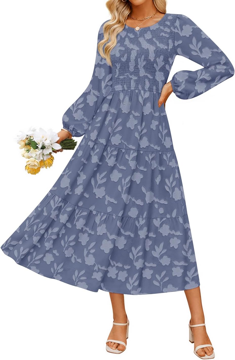 ZESICA Womens Fall Wedding Guest Long Sleeve Boho Midi Dress | Crewneck, Boho Floral, Flowy A Line, High Waist with Pockets, 2026 Elegant Trendy, Winter Long Dress, Casual Beach Vacation