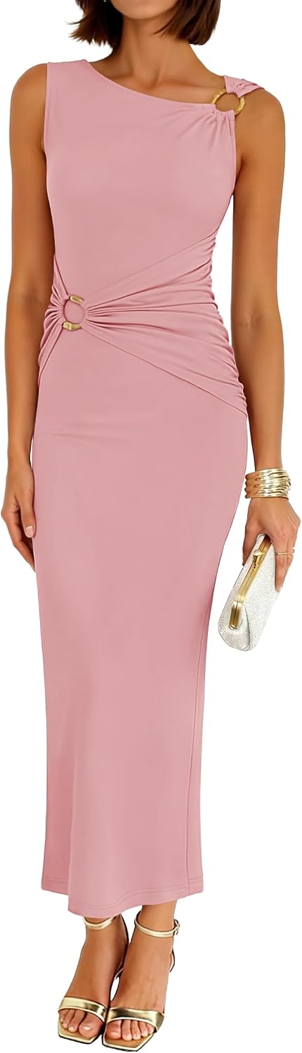 ZESICA Womens Summer Sleeveless Bodycon Ruched Maxi Dress | Elegant Formal Dress, Wedding Guest Long Dress, Cocktail Party Dress