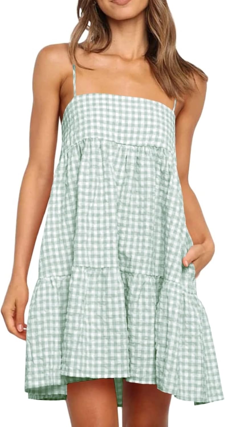 Wenrine Womens Summer Plaid Mini Dress Spaghetti Strap Beach Sundress | Sleeveless,Casual,Gingham Y2K,A Line,Maternity,Vacation,Country Concert,Short Dresses with Pockets