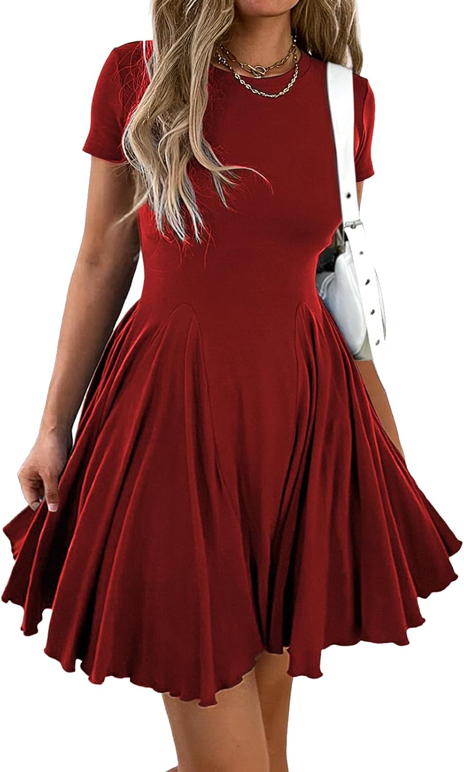 Mieazom Women Crewneck Fit and Flare Swing Flowy Mini Dress Skater Sundress | Summer,Cute Ruffle Hem,Short Sleeve,Drop Waist,Casual A Line,Stretchy,Pleated T Shirt Beach Dress,Party,Vacation