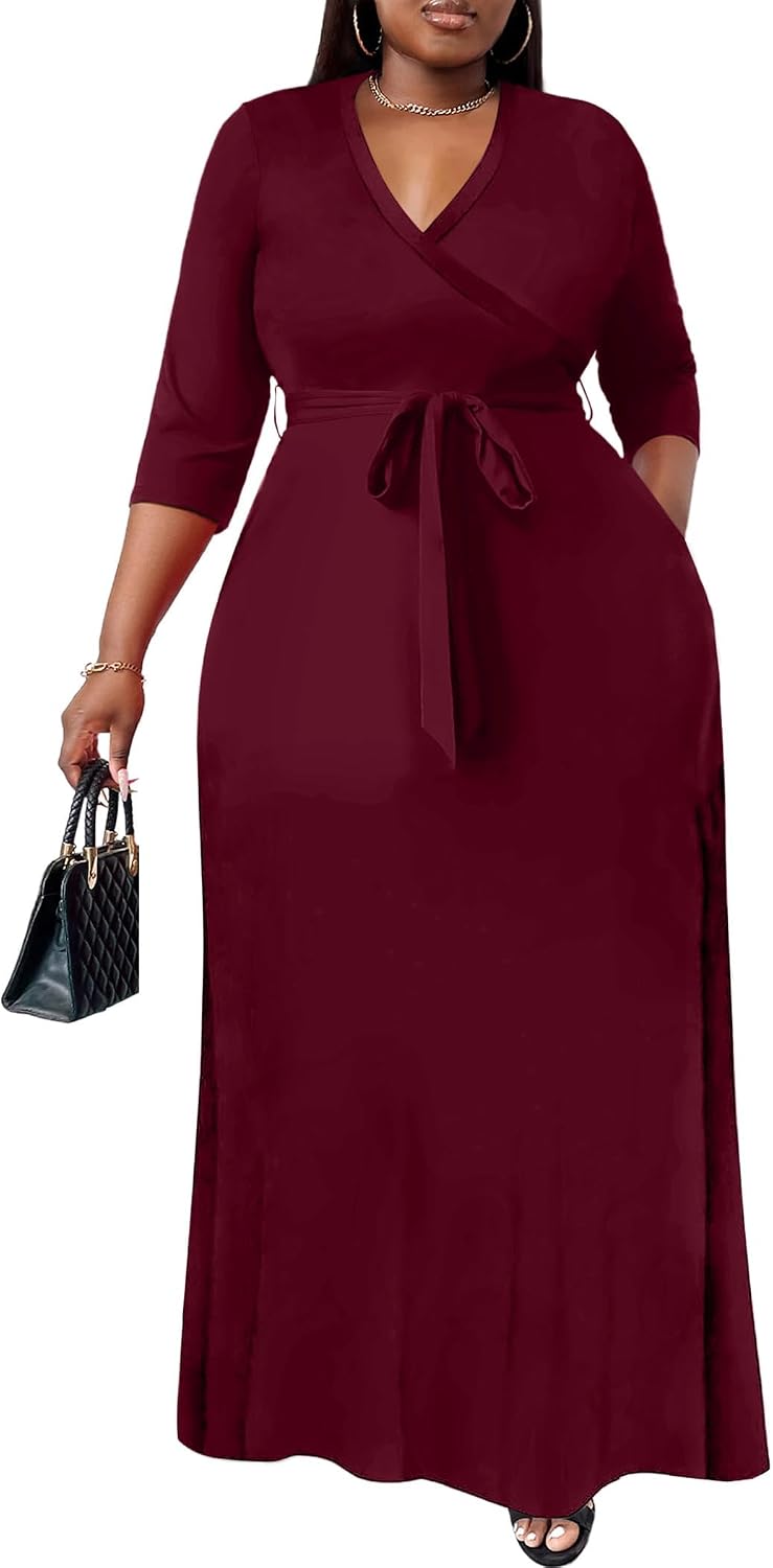 Nmoder Plus Size Maxi Dresses for Curvy Women -Summer Casual Long Fit Dress | Semi Formal, 3\/4 Sleeve V-Neck Flowy Dress, With Pockets And Belt, XL- 6XL