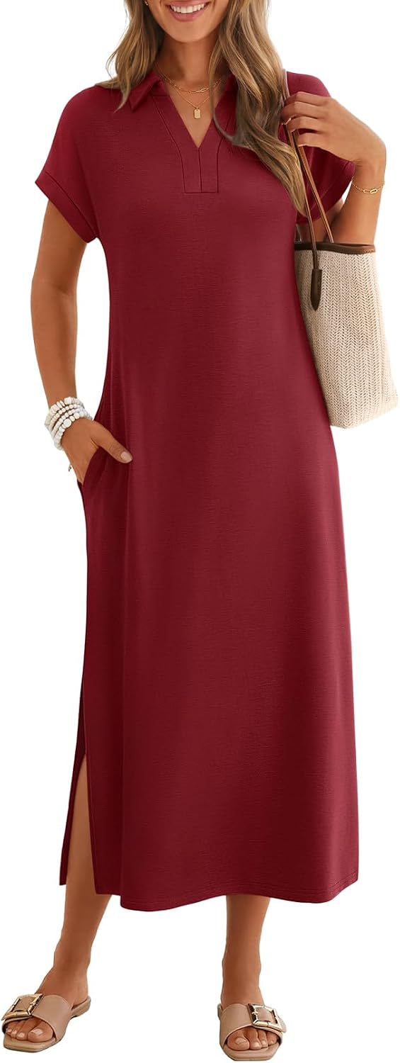 MEROKEETY Women's Summer Casual V Neck Collared T Shirt Long Maxi Dress | Short Cap Sleeve, Loose Fit, Beach Vacation, Work Office Polo Dresses, Wrinkle-Free Sundress Travel Resort Outfits 2026
