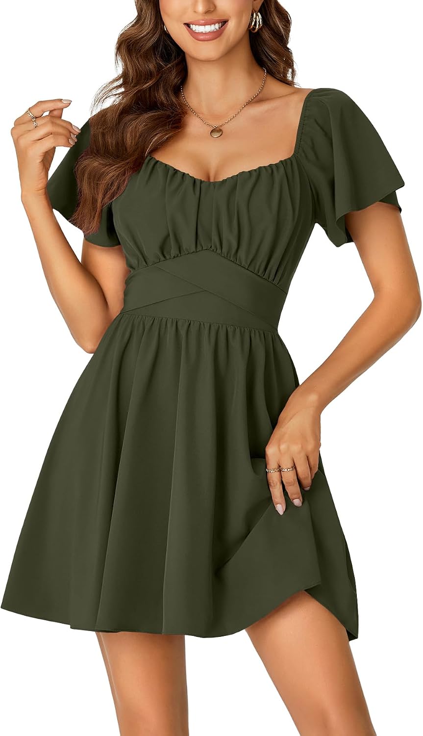 Rooscier Women's Tie Back Short Sleeve Mini Dress | Square Neck Wrap Ruffle Sleeve Flare Dresses