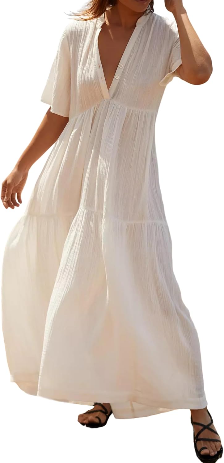 R.Vivimos Womens Summer Cotton Casual Flowy Maxi Dress | Short Sleeve, V Neck, Empire Waist, Boho Tiered Ruffle, Beach Vacation Loose Long Dresses