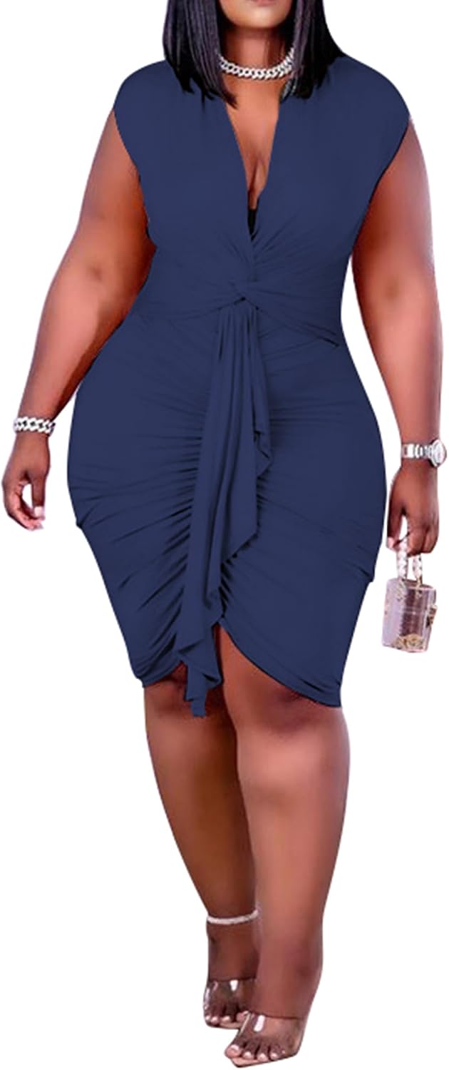 IyMoo Women's Sexy Plus Size Bodycon Drawstring Ruched Mini Club Dress | Sleeveless, Short Dress, Clubwear, Party,Night Out, Evening,Date, Brunch, Vacation, Holiday, Wedding,Homecoming,Tummy Control