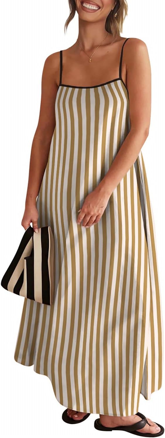 Senllen Women's Linen Maxi Dress 2026 Summer Fall Sundress with Pockets | Adjustable Spaghetti Straps Sleeveless Backless Tie Back Contrast Trim Casual Beach Vacation Wedding Guest Boho Dresses