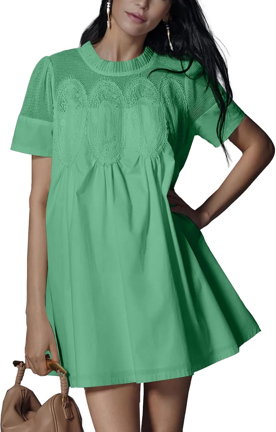 Shiyifa Womens Lace Babydoll Mini Dresses Summer Short Sleeve Sundress | A-Line Baby doll Dress with Lining, Sheer Mesh Patchwork, 2 Pockets, Boho Ruffled Sundress for Daily, Beach and Vacation