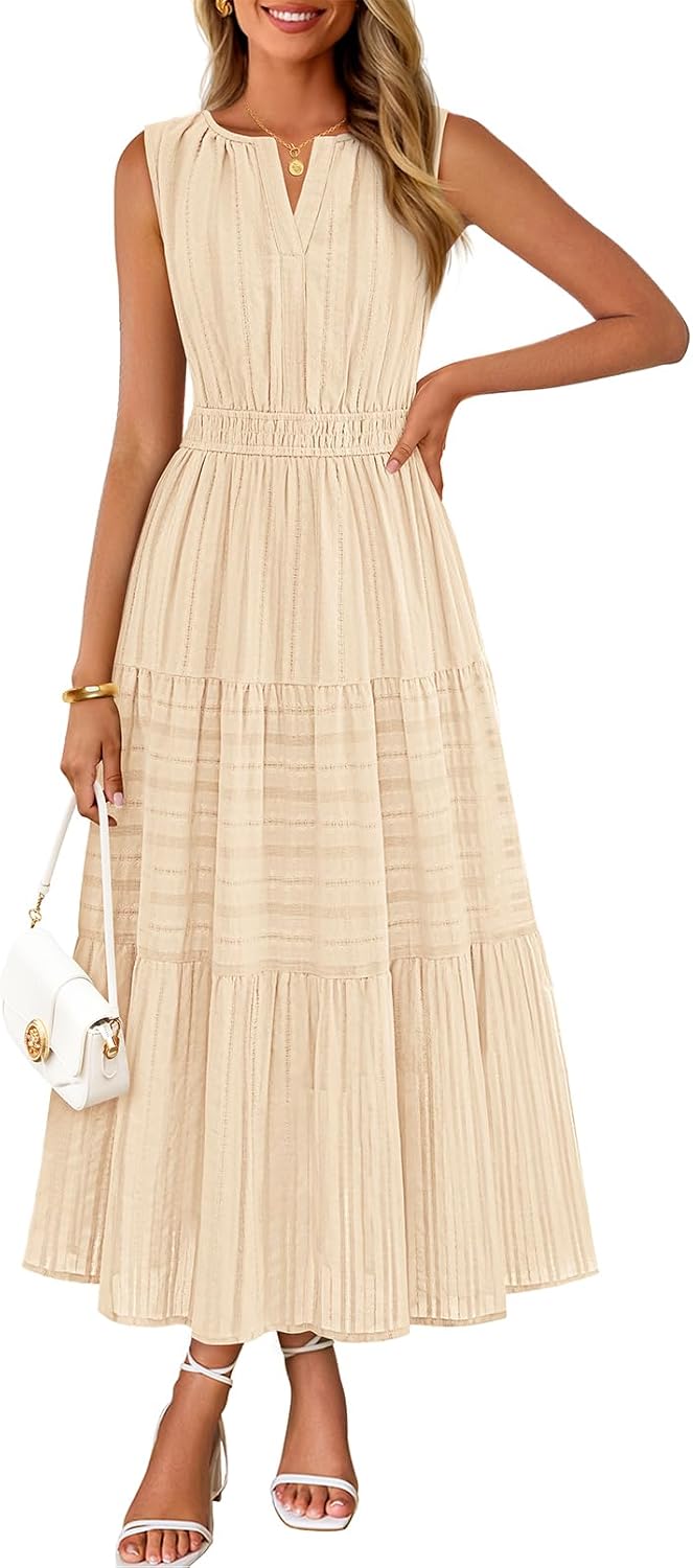 MEROKEETY Summer Casual Sleeveless V Neck Midi Maxi Cotton Dress Women 2026 | Shirred Waist, Eyelets, Tiered, Lined, with Pockets, Boho, Semi Formal, Modest, Vacation, Bridal Shower, Church, Long Dresses
