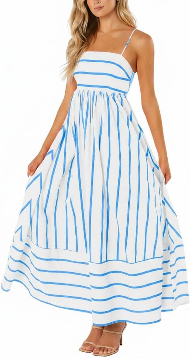 chouyatou Women's Striped Back Smocked Maxi Dress Sexy Spaghetti Strap Cut Out Flowy Swing Long Dress