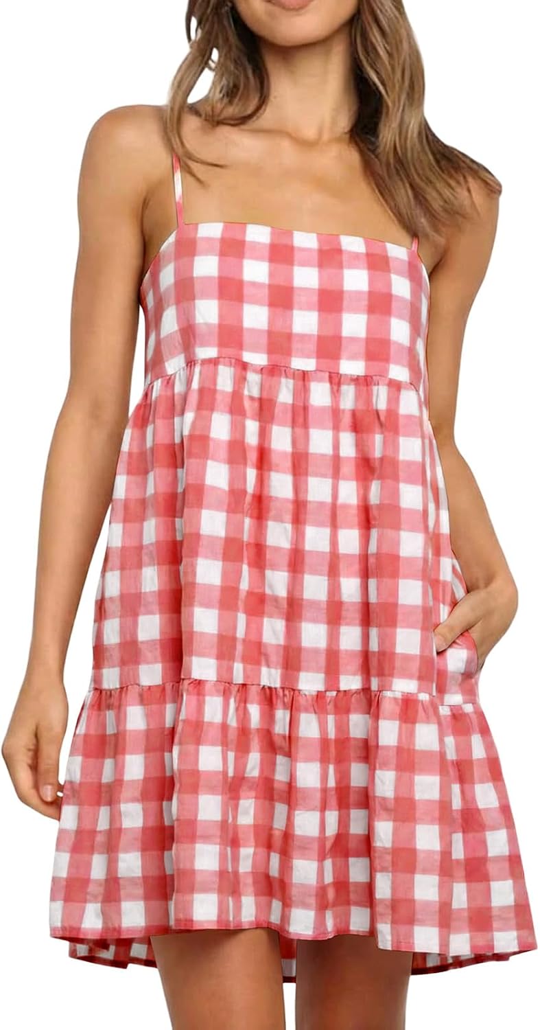 Wenrine Womens Summer Plaid Mini Dress Spaghetti Strap Beach Sundress | Sleeveless,Casual,Gingham Y2K,A Line,Maternity,Vacation,Country Concert,Short Dresses with Pockets