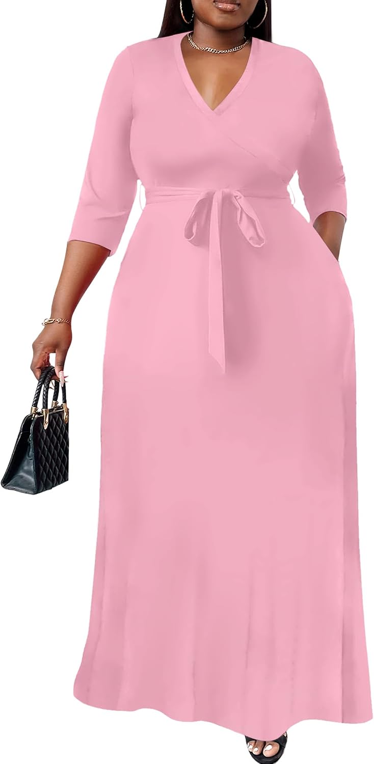 Nmoder Plus Size Maxi Dresses for Curvy Women -Summer Casual Long Fit Dress | Semi Formal, 3\/4 Sleeve V-Neck Flowy Dress, With Pockets And Belt, XL- 6XL