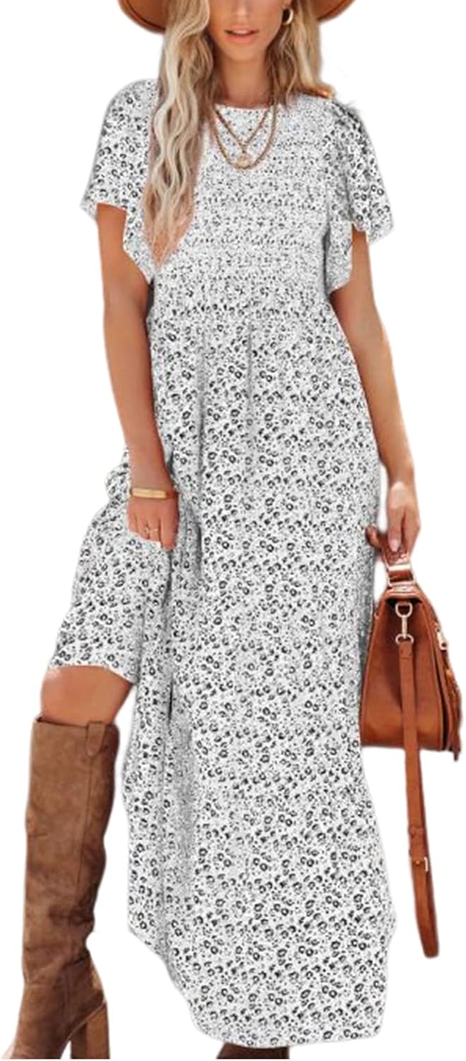 PRETTYGARDEN Women's 2026 Summer Casual Flutter Sleeve Floral Maxi Dress | Crew Neck Short Sleeve Dress, Smocked Top High Waisted Wedding Guest Dresses for Women, Tiered Hem Flowy Boho Long Dresses