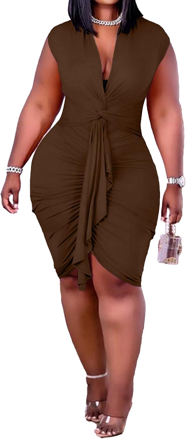 IyMoo Women's Sexy Plus Size Bodycon Drawstring Ruched Mini Club Dress | Sleeveless, Short Dress, Clubwear, Party,Night Out, Evening,Date, Brunch, Vacation, Holiday, Wedding,Homecoming,Tummy Control