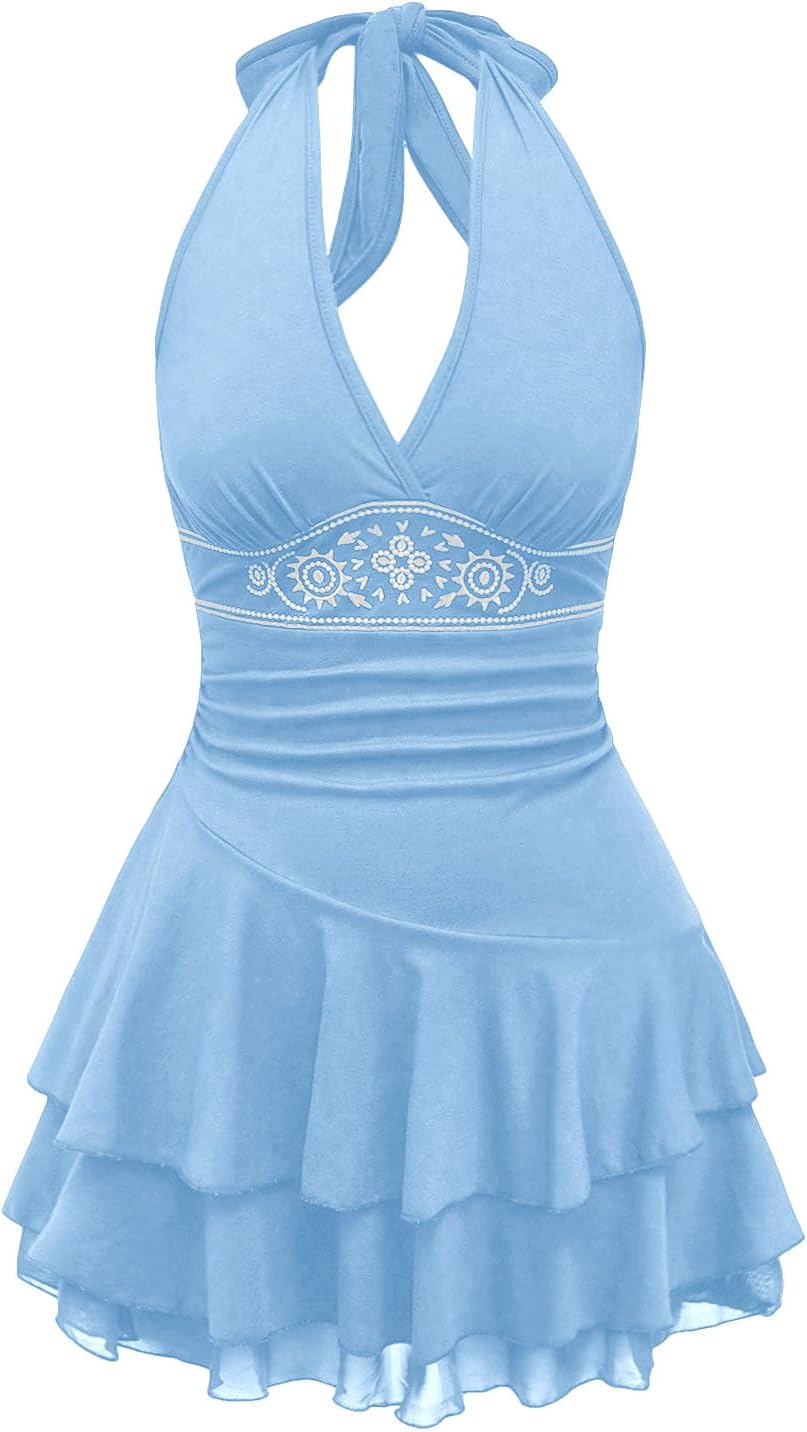 SOLY HUX Women's Summer Dresses Western Cowgirl Halter Casual Mini Dress | Backless, Sleeveless, A Line, Deep V Neck, Flowy, Country Concert Outfits, Sundress