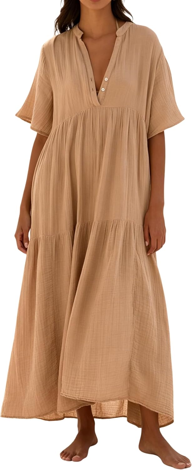 R.Vivimos Womens Summer Cotton Casual Flowy Maxi Dress | Short Sleeve, V Neck, Empire Waist, Boho Tiered Ruffle, Beach Vacation Loose Long Dresses