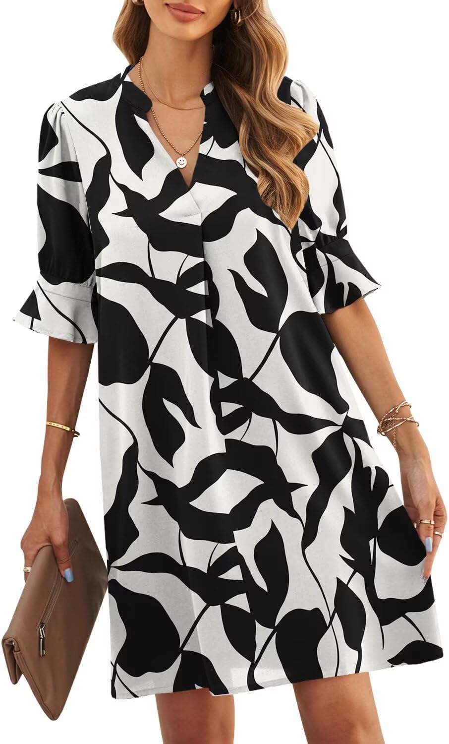 JOCAFIYE Womens Dresses Summer 2026 V-Neck Short Sleeve Dress Shift Dress | Ruffle Short Sleeve, V Neck,Shift Dresses, Floral Print,Mini Short Casual Dress for Graduation Party Date Night Teacher