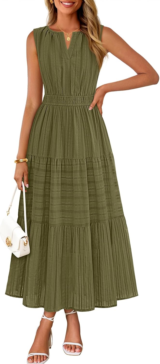 MEROKEETY Summer Casual Sleeveless V Neck Midi Maxi Cotton Dress Women 2026 | Shirred Waist, Eyelets, Tiered, Lined, with Pockets, Boho, Semi Formal, Modest, Vacation, Bridal Shower, Church, Long Dresses